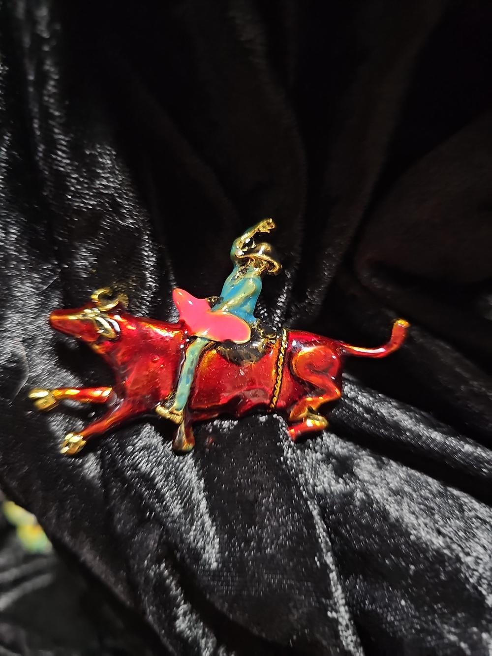 Vintage Red Enamel Bull Rider Brooch with Gold Accents